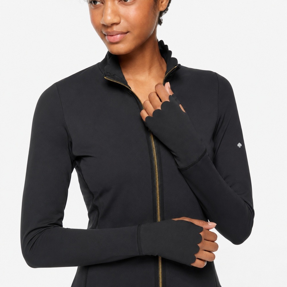Kate Spade New York Black Scalloped Trim Full Zip Track Jacket Thumbholes Size S